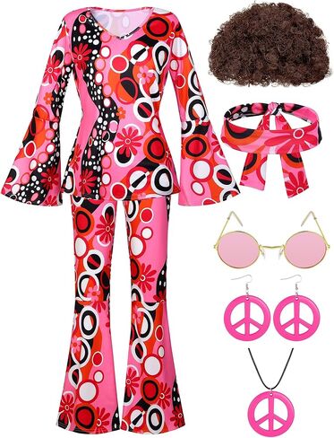 SOMSOC 7 Pack 70s Women Hippie Costume Set Boho Flared Pants Tie Dye Headband Necklace Earrings Wig for Halloween Cosplay in Kuwait