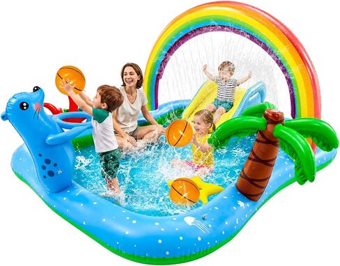 Inflatable Play Center Pool with Water Slide, 90.6 X 77.6in Rainbow Sprinkler Arch & Seal Design Kiddie Pool for Kid's Summer Backyard Splash Toy with Slide, Sprinkler & Play Area in Kuwait