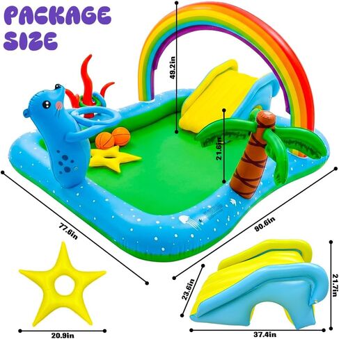 Inflatable Play Center Pool with Water Slide, 90.6 X 77.6in Rainbow Sprinkler Arch & Seal Design Kiddie Pool for Kid's Summer Backyard Splash Toy with Slide, Sprinkler & Play Area in Kuwait