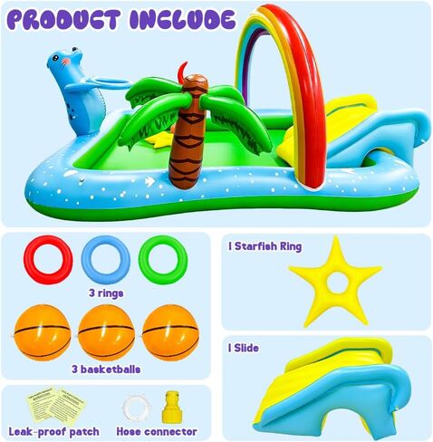 Inflatable Play Center Pool with Water Slide, 90.6 X 77.6in Rainbow Sprinkler Arch & Seal Design Kiddie Pool for Kid's Summer Backyard Splash Toy with Slide, Sprinkler & Play Area in Kuwait