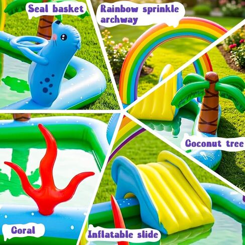 Inflatable Play Center Pool with Water Slide, 90.6 X 77.6in Rainbow Sprinkler Arch & Seal Design Kiddie Pool for Kid's Summer Backyard Splash Toy with Slide, Sprinkler & Play Area in Kuwait