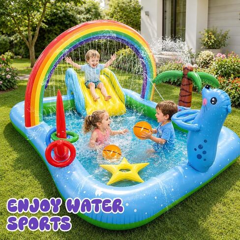 Inflatable Play Center Pool with Water Slide, 90.6 X 77.6in Rainbow Sprinkler Arch & Seal Design Kiddie Pool for Kid's Summer Backyard Splash Toy with Slide, Sprinkler & Play Area in Kuwait