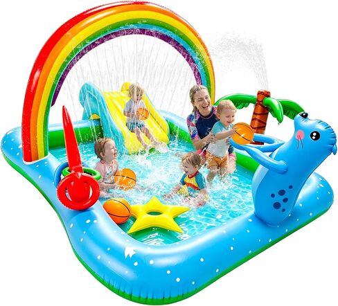 Inflatable Play Center Pool with Water Slide, 90.6 X 77.6in Rainbow Sprinkler Arch & Seal Design Kiddie Pool for Kid's Summer Backyard Splash Toy with Slide, Sprinkler & Play Area in Kuwait