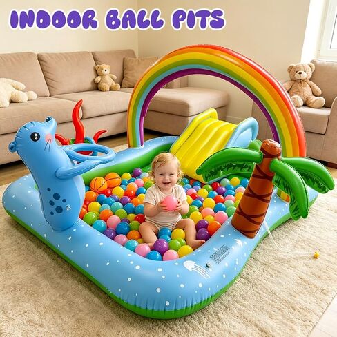 Inflatable Play Center Pool with Water Slide, 90.6 X 77.6in Rainbow Sprinkler Arch & Seal Design Kiddie Pool for Kid's Summer Backyard Splash Toy with Slide, Sprinkler & Play Area in Kuwait