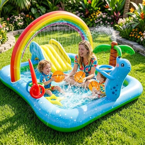 Inflatable Play Center Pool with Water Slide, 90.6 X 77.6in Rainbow Sprinkler Arch & Seal Design Kiddie Pool for Kid's Summer Backyard Splash Toy with Slide, Sprinkler & Play Area in Kuwait