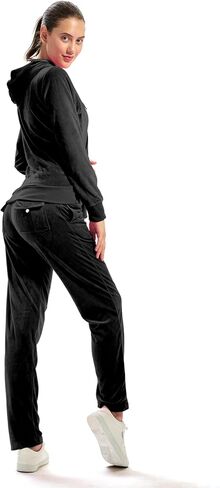 TanBridge Women's 2 Piece Solid Velvet Tracksuit Set Full Zip-up Hooded Sweatshirts & Pants Set in Kuwait
