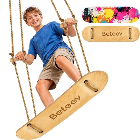 BELEEV Skateboard Swing for Kids & Adults, 31 Inch Stand Up Tree Swing with Adjustable Wooden Handles & Ropes, Grip Tape Deck, 2 Tree Straps, Balance Training, Up to 220 lbs, Ages 6+ (Classic Wood) in Saudi Arabia