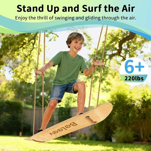 BELEEV Skateboard Swing for Kids & Adults, 31 Inch Stand Up Tree Swing with Adjustable Wooden Handles & Ropes, Grip Tape Deck, 2 Tree Straps, Balance Training, Up to 220 lbs, Ages 6+ (Classic Wood) in Saudi Arabia