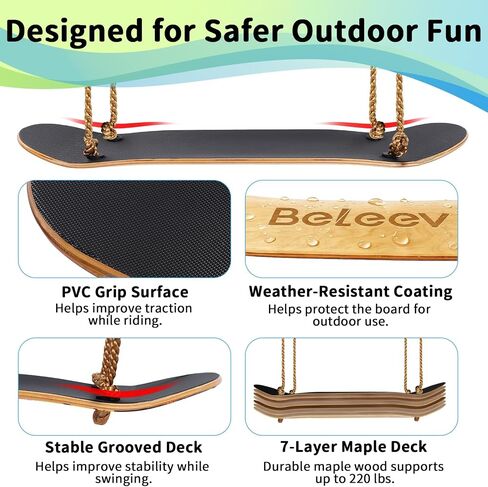 BELEEV Skateboard Swing for Kids & Adults, 31 Inch Stand Up Tree Swing with Adjustable Wooden Handles & Ropes, Grip Tape Deck, 2 Tree Straps, Balance Training, Up to 220 lbs, Ages 6+ (Classic Wood) in Saudi Arabia