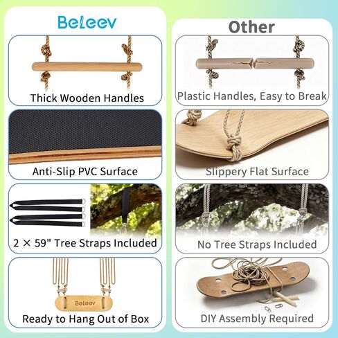 BELEEV Skateboard Swing for Kids & Adults, 31 Inch Stand Up Tree Swing with Adjustable Wooden Handles & Ropes, Grip Tape Deck, 2 Tree Straps, Balance Training, Up to 220 lbs, Ages 6+ (Classic Wood) in Saudi Arabia