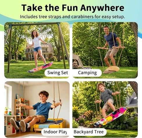 BELEEV Skateboard Swing for Kids & Adults, 31 Inch Stand Up Tree Swing with Adjustable Wooden Handles & Ropes, Grip Tape Deck, 2 Tree Straps, Balance Training, Up to 220 lbs, Ages 6+ (Classic Wood) in Saudi Arabia