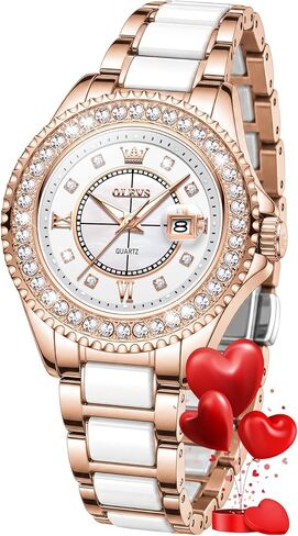 OLEVS Women's Rose Gold Automatic Watches Skeleton Mechanical Self Winding Ladies Elegant Luxury Dress Butterfly Diamond White Ceramic Band Watch Gift in Kuwait