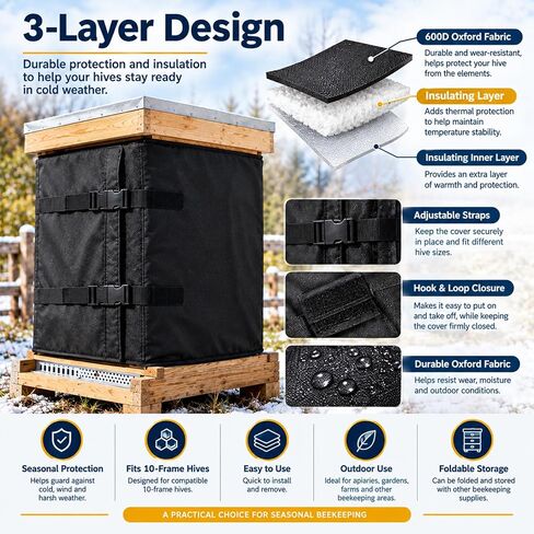 Bee Hive Insulation Wrap for BeeCastle Beeswax Dipped Langstroth 8 Frame 1 Deep+2 Medium, Winter Beehive Cover with 600D Oxford Fabric, Adjustable Buckle Straps for Outdoor Use in Kuwait