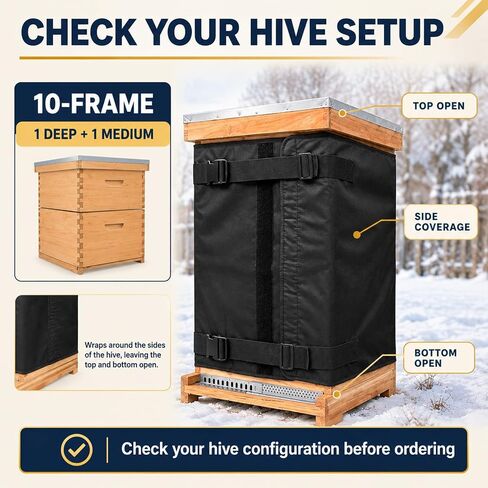 Bee Hive Insulation Wrap for BeeCastle Observation Window Langstroth 10 Frame 2 Deep+1 Medium, Winter Beehive Cover with 600D Oxford Fabric, Adjustable Buckle Straps for Outdoor Use in Kuwait