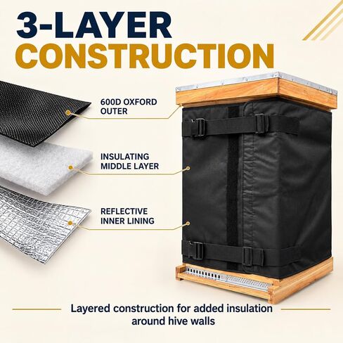 Bee Hive Insulation Wrap for BeeCastle Beeswax Dipped Langstroth 8 Frame 2 Deep+2 Medium, Winter Beehive Cover with 600D Oxford Fabric, Adjustable Buckle Straps for Outdoor Use in Kuwait