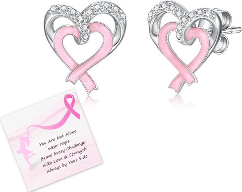 Breast Cancer Awareness Earrings 925 Sterling Silver Pink Ribbon Heart Stud Earring Survivor Jewelry Inspirational Gifts for Women in Kuwait