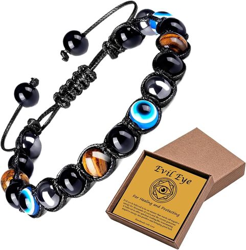 Evil Eye Bracelets for Mens Women,Ediseng Triple Protection Bracelet,Mexican Crystal Mens Bracelets Tigers Eye/Hematite/Black Obsidian Beaded Bracelets With Triple Protection for New Year Gifts in Saudi Arabia