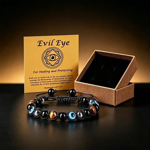 Evil Eye Bracelets for Mens Women,Ediseng Triple Protection Bracelet,Mexican Crystal Mens Bracelets Tigers Eye/Hematite/Black Obsidian Beaded Bracelets With Triple Protection for New Year Gifts in Saudi Arabia