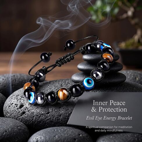 Evil Eye Bracelets for Mens Women,Ediseng Triple Protection Bracelet,Mexican Crystal Mens Bracelets Tigers Eye/Hematite/Black Obsidian Beaded Bracelets With Triple Protection for New Year Gifts in Saudi Arabia
