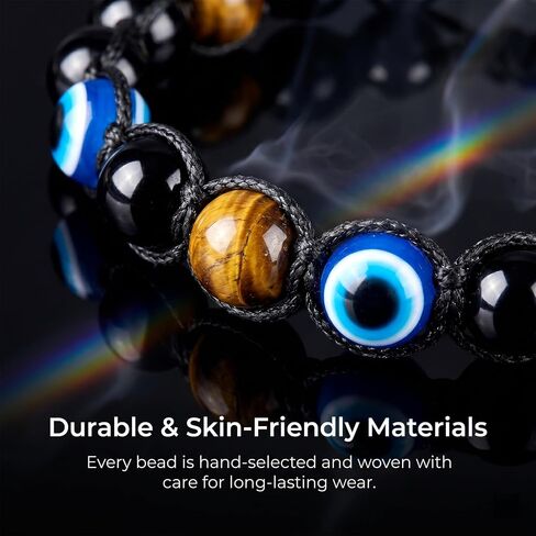 Evil Eye Bracelets for Mens Women,Ediseng Triple Protection Bracelet,Mexican Crystal Mens Bracelets Tigers Eye/Hematite/Black Obsidian Beaded Bracelets With Triple Protection for New Year Gifts in Saudi Arabia