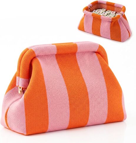 Mahjong Tile Bag Woven Clutch Purse, Striped Dumpling Bag for Women, Snap Closure Beach Vacation Handbag in Kuwait