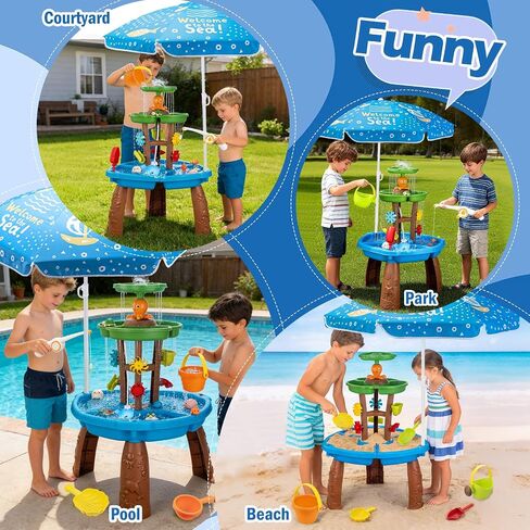 Water Table for Toddlers with Water Pump and Fishing Game Set 3-Tier Kids Sand Water Table with Umbrella Sensory Outdoor Toys for Kids Ages 4-8 Outside Toys Backyard for Kids Toddlers Age 3-10 in Kuwait