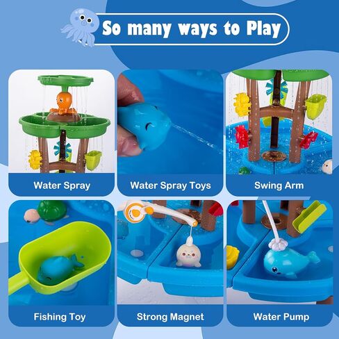 Water Table for Toddlers with Water Pump and Fishing Game Set 3-Tier Kids Sand Water Table with Umbrella Sensory Outdoor Toys for Kids Ages 4-8 Outside Toys Backyard for Kids Toddlers Age 3-10 in Kuwait