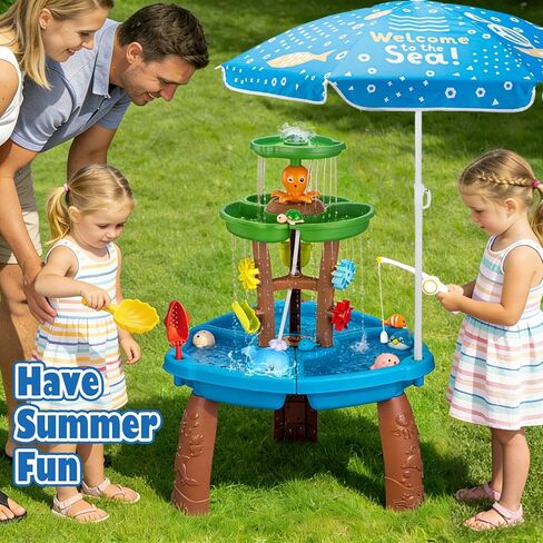 Water Table for Toddlers with Water Pump and Fishing Game Set 3-Tier Kids Sand Water Table with Umbrella Sensory Outdoor Toys for Kids Ages 4-8 Outside Toys Backyard for Kids Toddlers Age 3-10 in Kuwait