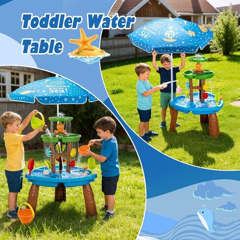 Water Table for Toddlers with Water Pump and Fishing Game Set 3-Tier Kids Sand Water Table with Umbrella Sensory Outdoor Toys for Kids Ages 4-8 Outside Toys Backyard for Kids Toddlers Age 3-10 in Kuwait