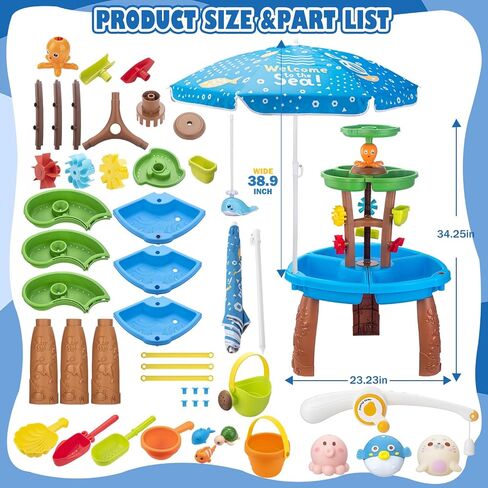 Water Table for Toddlers with Water Pump and Fishing Game Set 3-Tier Kids Sand Water Table with Umbrella Sensory Outdoor Toys for Kids Ages 4-8 Outside Toys Backyard for Kids Toddlers Age 3-10 in Kuwait