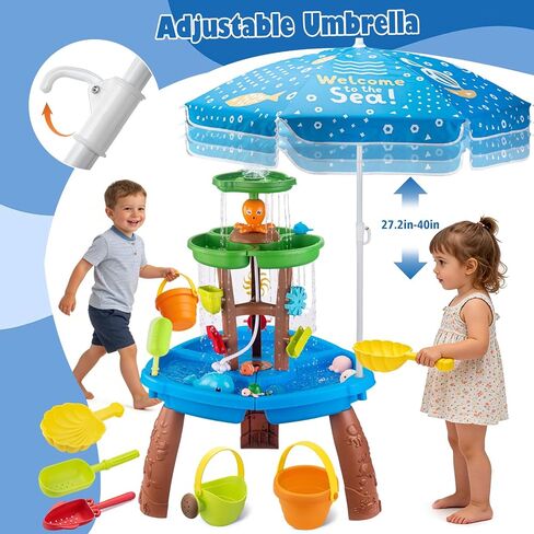 Water Table for Toddlers with Water Pump and Fishing Game Set 3-Tier Kids Sand Water Table with Umbrella Sensory Outdoor Toys for Kids Ages 4-8 Outside Toys Backyard for Kids Toddlers Age 3-10 in Kuwait