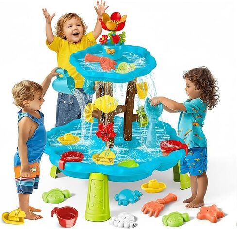 Linkowin Kids Flower Water Sand Table for Toddlers, 2 Tier Kids Outdoor Water Sand Play Table Toys, Splash Sensory Table for Summer Beach Activity Party for Boys Girls (Age 3+) in Kuwait
