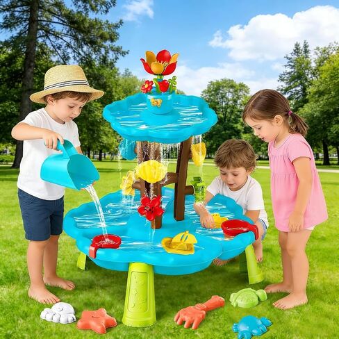Linkowin Kids Flower Water Sand Table for Toddlers, 2 Tier Kids Outdoor Water Sand Play Table Toys, Splash Sensory Table for Summer Beach Activity Party for Boys Girls (Age 3+) in Kuwait