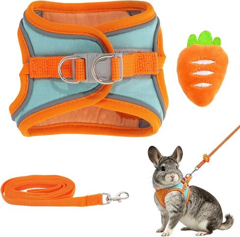 Bunny Harness and Leash Set Double Buckle | Soft Rabbit Harnesses with Carrot | Adjustable Reflective Strips Jacket Escape-Proof Vest for Puppy Guinea Pigs Pet Ferret Walking(Green-Orange -S) in Kuwait