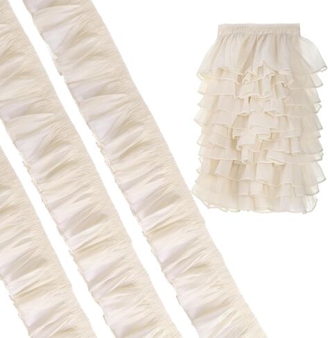 5 Yards Beige Lace Ruffle Trim, 4.13 Inch Wide Pleated Ruffle Trim Ribbon in Kuwait