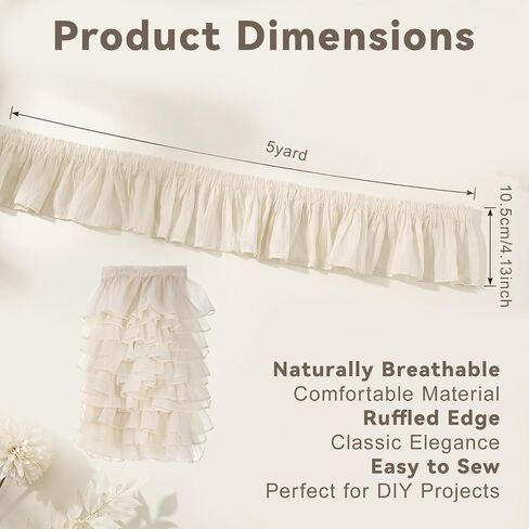 5 Yards Beige Lace Ruffle Trim, 4.13 Inch Wide Pleated Ruffle Trim Ribbon in Kuwait