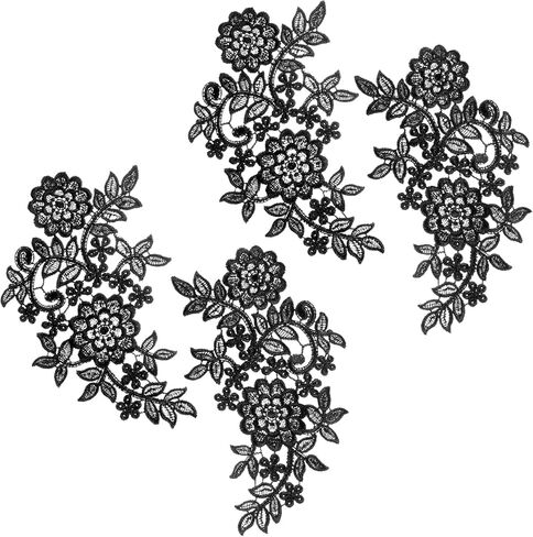 4PCS Lace Embroidery Patches, 3D Flower Applique Black Vintage Soild Polyester Embroidery Patches for DIY Crafts Sewing Making Wedding Decor Bridal Dress Clothes Bags in Kuwait