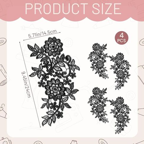 4PCS Lace Embroidery Patches, 3D Flower Applique Black Vintage Soild Polyester Embroidery Patches for DIY Crafts Sewing Making Wedding Decor Bridal Dress Clothes Bags in Kuwait