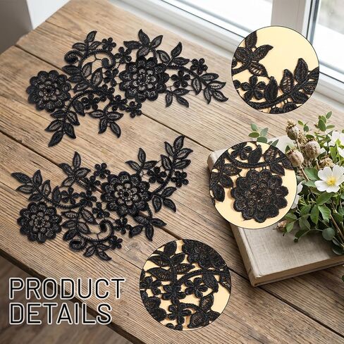 4PCS Lace Embroidery Patches, 3D Flower Applique Black Vintage Soild Polyester Embroidery Patches for DIY Crafts Sewing Making Wedding Decor Bridal Dress Clothes Bags in Kuwait