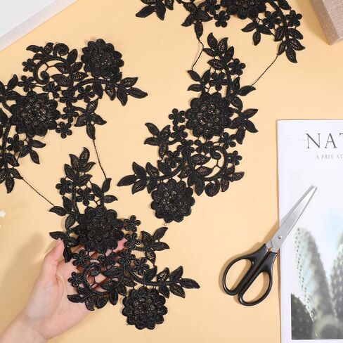 4PCS Lace Embroidery Patches, 3D Flower Applique Black Vintage Soild Polyester Embroidery Patches for DIY Crafts Sewing Making Wedding Decor Bridal Dress Clothes Bags in Kuwait