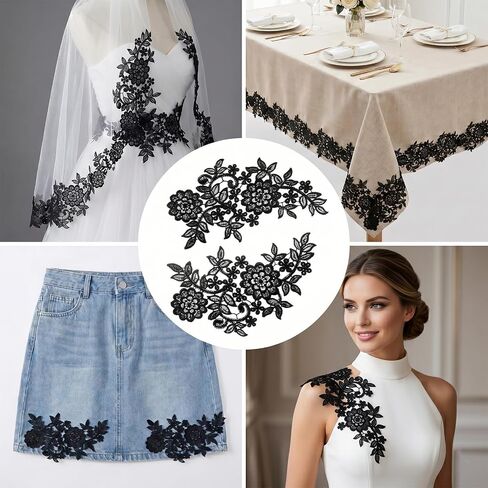 4PCS Lace Embroidery Patches, 3D Flower Applique Black Vintage Soild Polyester Embroidery Patches for DIY Crafts Sewing Making Wedding Decor Bridal Dress Clothes Bags in Kuwait