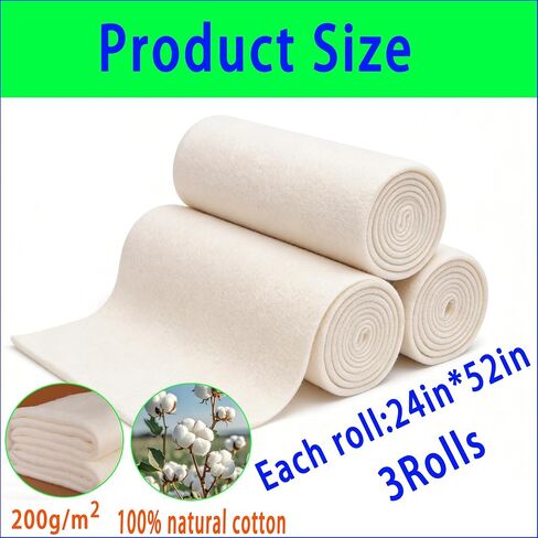 24 x 156In100% Natural Cotton Quilt Batting, Heat Resistant 220°C Warm Lightweight Washable Hypoallergenic, Easy to Quilt for Sewing,Crafts,DIY,Backing,Wadding, King Size Quilt Projects, Oven Outdoor in Kuwait