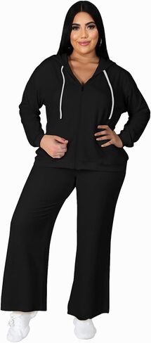 Women's Plus Size Two Piece Outfits Sweatsuits Sets Long Sleeve Full Zipper Hoodies Wide Leg Pants Tracksuit Sets in Saudi Arabia