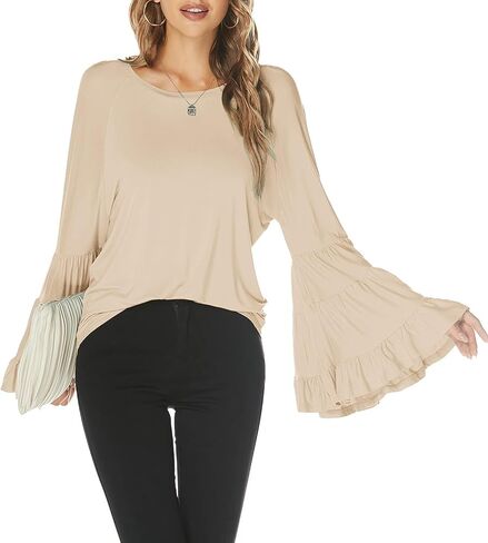 Hount Women Casual Long Bell Sleeve Tops Loose Round Neck T Shirt Flare Sleeve Shirt Tops in Kuwait