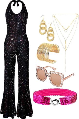 SOMSOC 70s Disco Jumpsuit Costumes Women Fashion Disco Accessories for Halloween Necklace Earrings Bracelet Glasses Belt in Kuwait