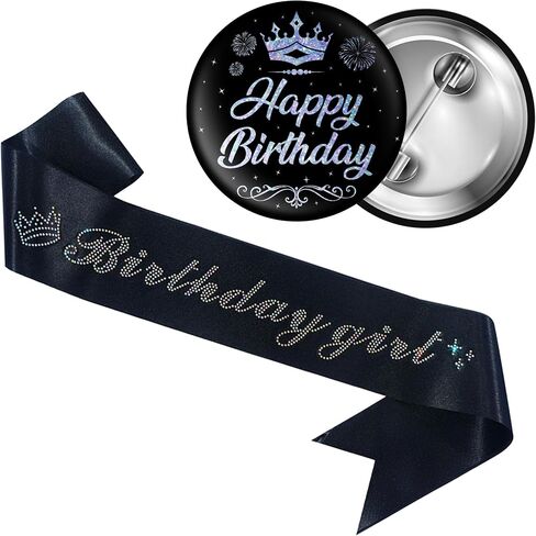 Birthday Sash Badge Girls Gift - 2 Pcs Black Glitter Sash Birthday Girl Silver Foil Lettering Happy Bady Party Gifts Pin Badge for Women Girls Supplies Accessories in Saudi Arabia