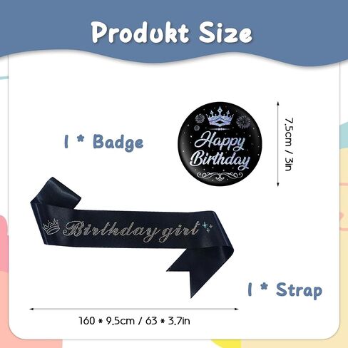 Birthday Sash Badge Girls Gift - 2 Pcs Black Glitter Sash Birthday Girl Silver Foil Lettering Happy Bady Party Gifts Pin Badge for Women Girls Supplies Accessories in Saudi Arabia