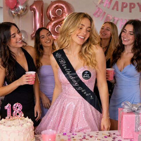 Birthday Sash Badge Girls Gift - 2 Pcs Black Glitter Sash Birthday Girl Silver Foil Lettering Happy Bady Party Gifts Pin Badge for Women Girls Supplies Accessories in Saudi Arabia