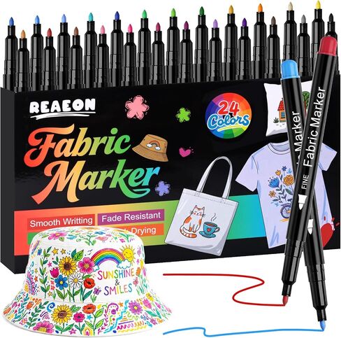 Reaeon Fabric Markers, 24 Colors Fabric Decorating Kit for Clothes, No Bleed Fine Tips Paint Pens for T-Shirts Bags, Textile, Canvas, and More in Kuwait