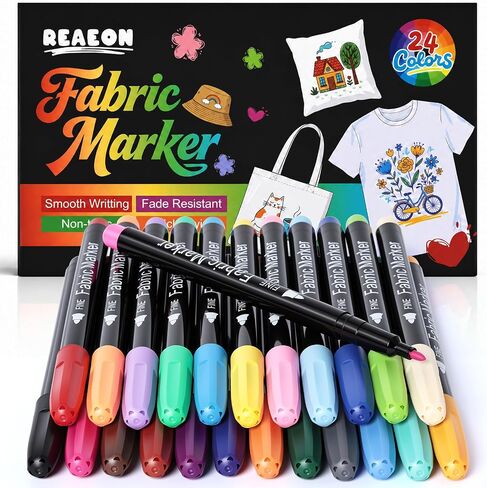 Reaeon Fabric Markers, 24 Colors Fabric Decorating Kit for Clothes, No Bleed Fine Tips Paint Pens for T-Shirts Bags, Textile, Canvas, and More in Kuwait